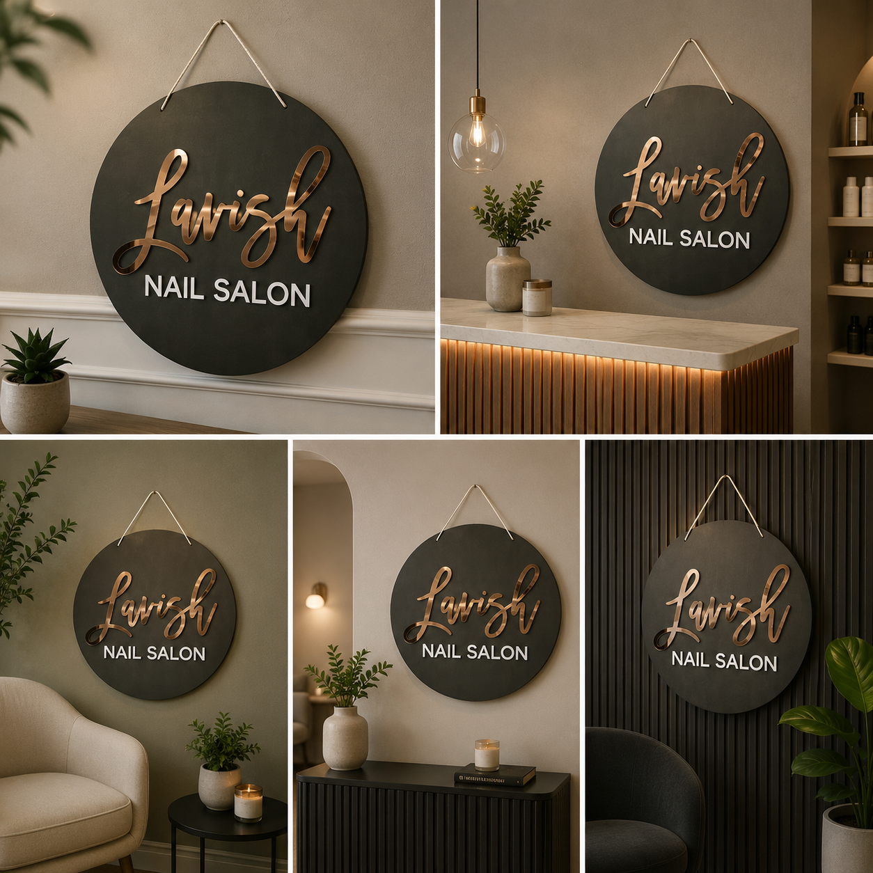 Round Acrylic Sign | Custom 3D Metallic Script Wall Hanging Sign for Beauty Studio Branding