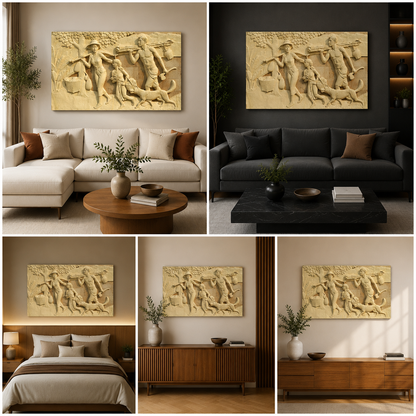 Traditional Village Life Relief Wall Art Panel for Elegant Home Decor