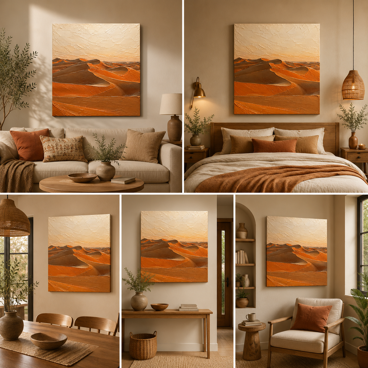 Orange and brown desert dunes under a cream sky, shown as canvas wall art above a sofa, bed, dining table, console and lounge chair in five warm neutral rooms.