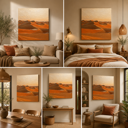 Orange and brown desert dunes under a cream sky, shown as canvas wall art above a sofa, bed, dining table, console and lounge chair in five warm neutral rooms.