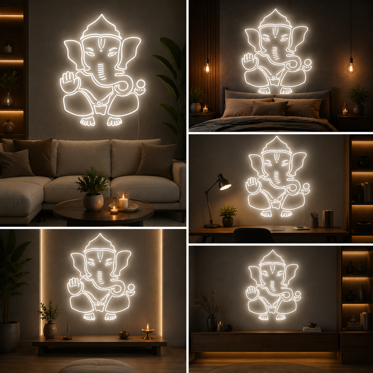White Ganesha Neon Sign Board | Custom Neon Light | LED Neon Light Name Plate for Home Temple