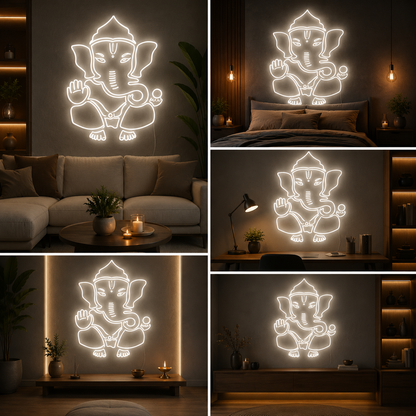 White Ganesha Neon Sign Board | Custom Neon Light | LED Neon Light Name Plate for Home Temple