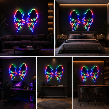 Flo-ro Angel Wings Neon Sign Board | Neon Light Name Plate | Neon Name Light Customized 4 By 4 Feet