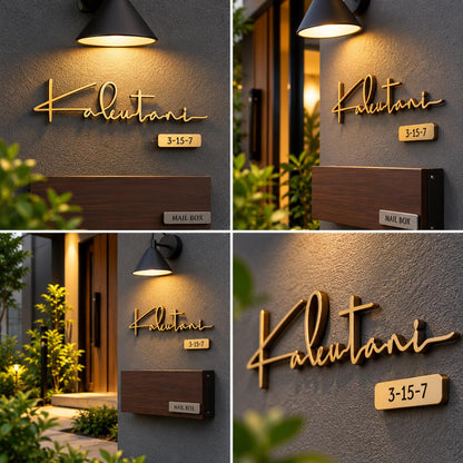 Premium Personalized Gold Script House Name Plate with Wooden Mailbox and Address Number
