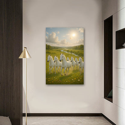 7 running white horses meadow painting nature landscape canvas art for home decor