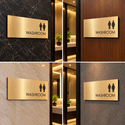 Black and Gold Restroom Signage Set with Male Female Symbols and Directional Arrows (20 x 5 inches)