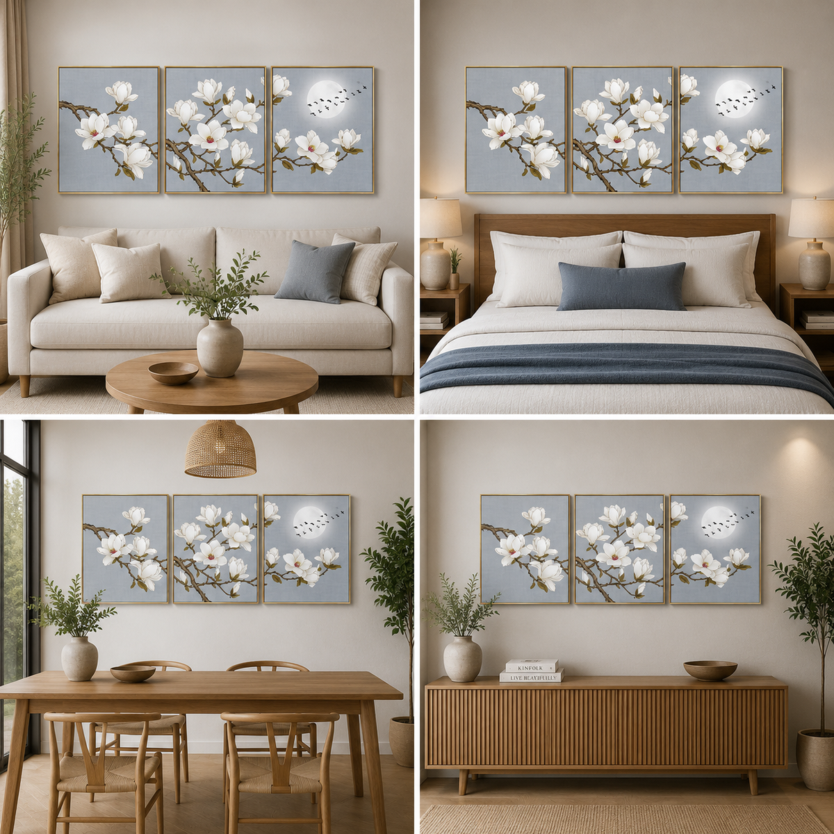 Elegant White Magnolia Floral Triptych Canvas Wall Art for Modern Home and Office Decor