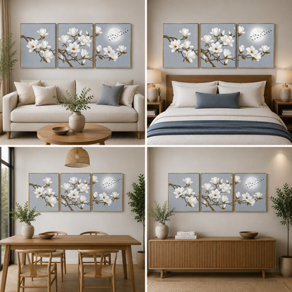 Elegant White Magnolia Floral Triptych Canvas Wall Art for Modern Home and Office Decor