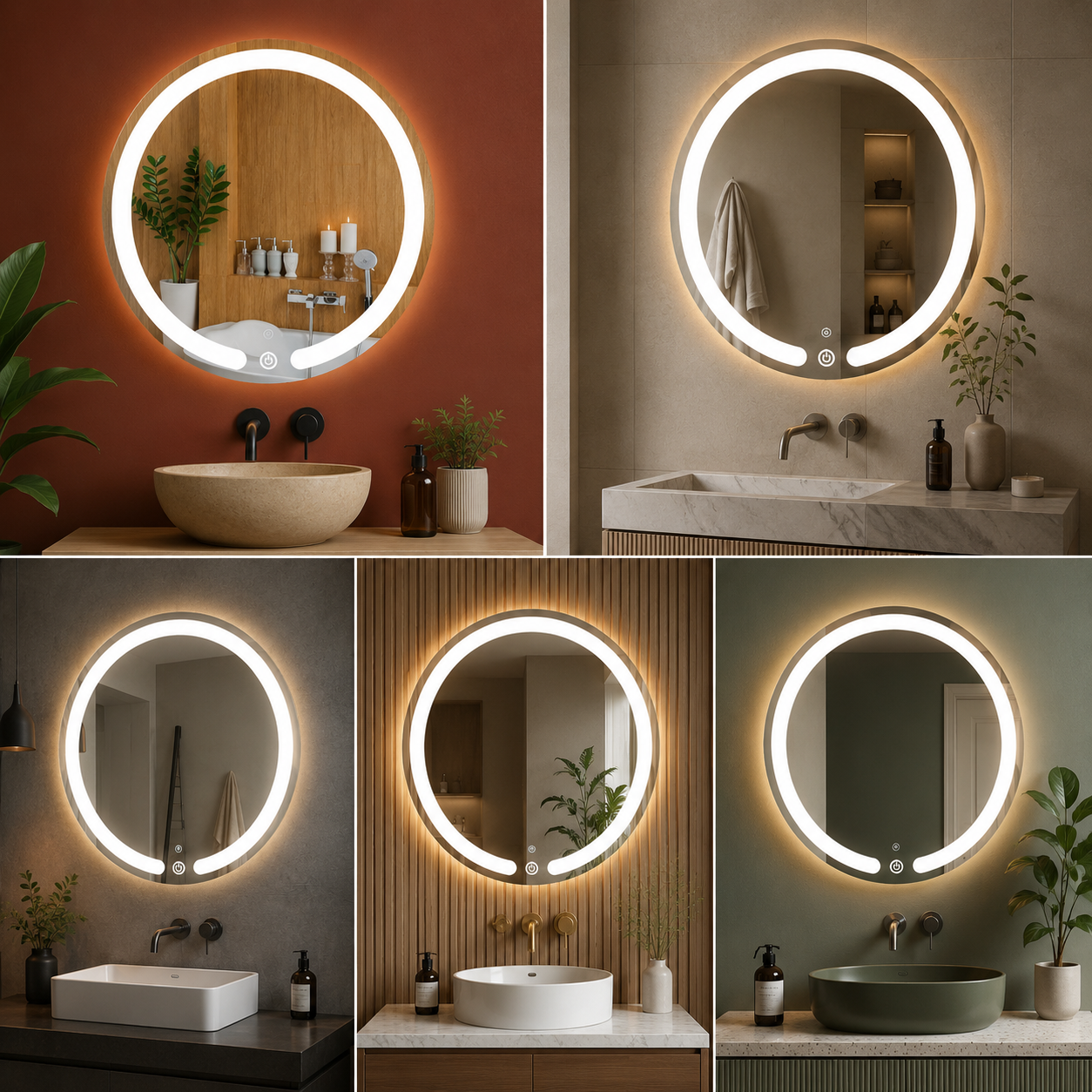 Modern Round LED Bathroom Mirror with Open Ring Light | Designer Circular Vanity Wall Mirror for Home & Hotel