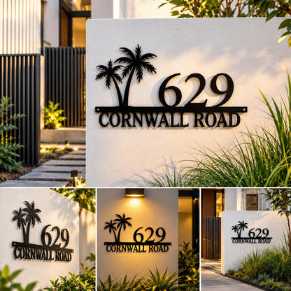 Custom 3D Metal House Number Plate with Palm Tree Design for Modern Home Entrances