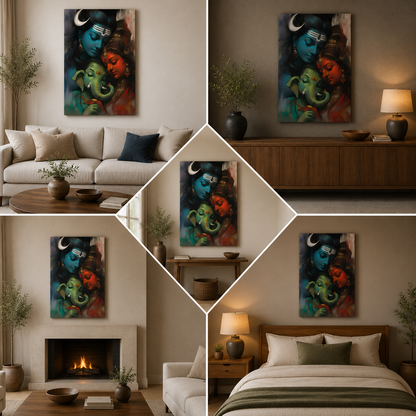 Shiv Parvati Ganesh Divine Family Wall Painting | Spiritual Canvas Art for Home Decor