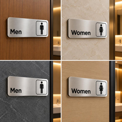 Modern Silver Men and Women Restroom Signs with Black Text and Symbols (8 x 4 inches each, man + women pair)