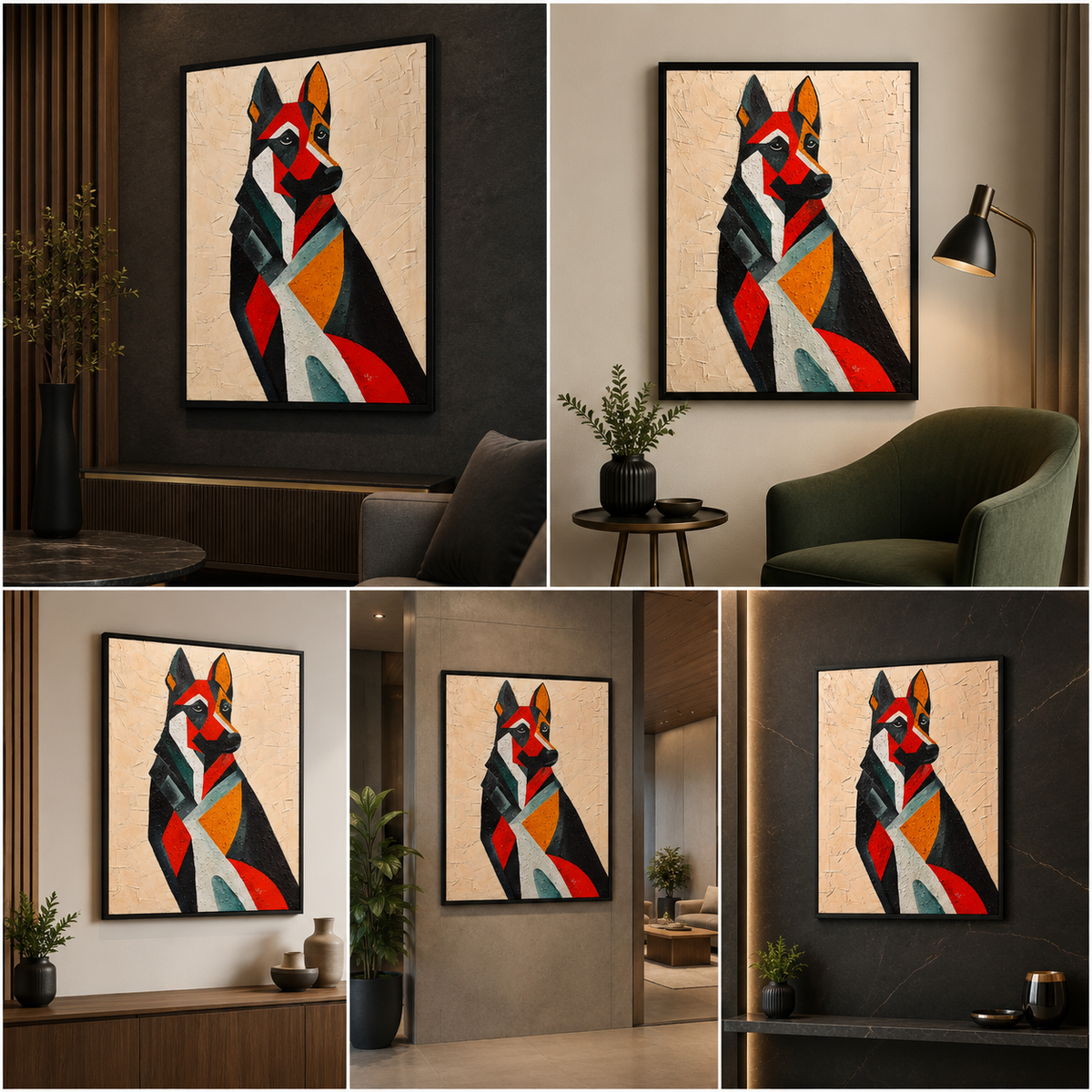 Geometric dog portrait in black, red, orange and pale blue on a light background, shown as framed canvas wall art above consoles, beside seating and in a hallway.