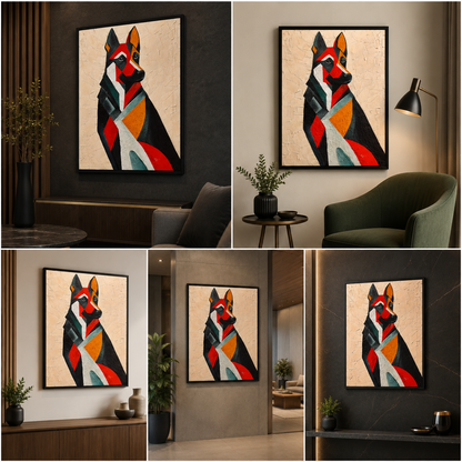 Geometric dog portrait in black, red, orange and pale blue on a light background, shown as framed canvas wall art above consoles, beside seating and in a hallway.