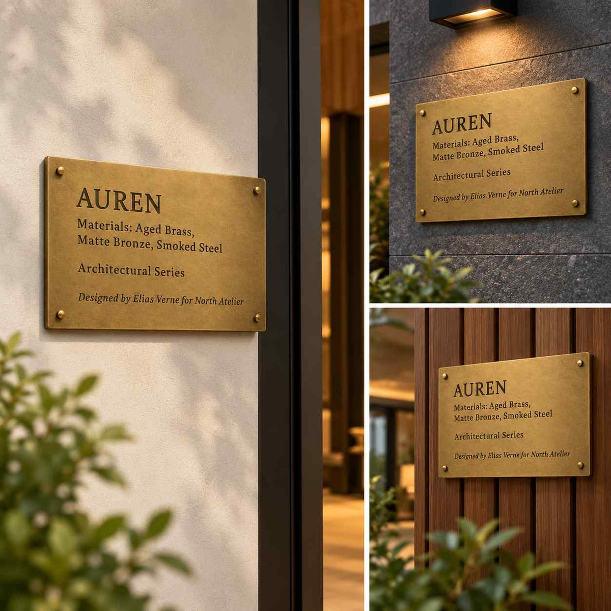 Custom Brass Finish Metal Plaque with Engraved Text for Premium Architectural Signage