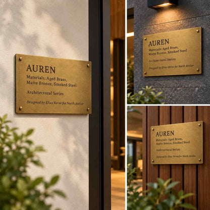 Custom Brass Finish Metal Plaque with Engraved Text for Premium Architectural Signage