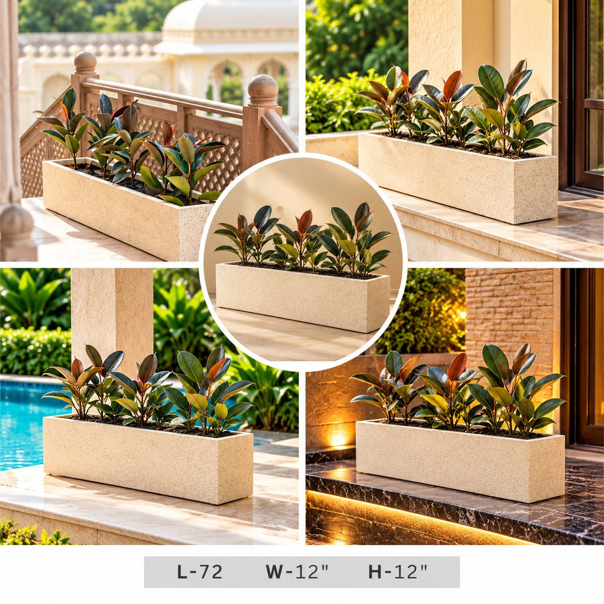 Large cream beige rectangular trough planter with green ornamental plants, 72 inch long decorative plant pot for contemporary home landscaping
