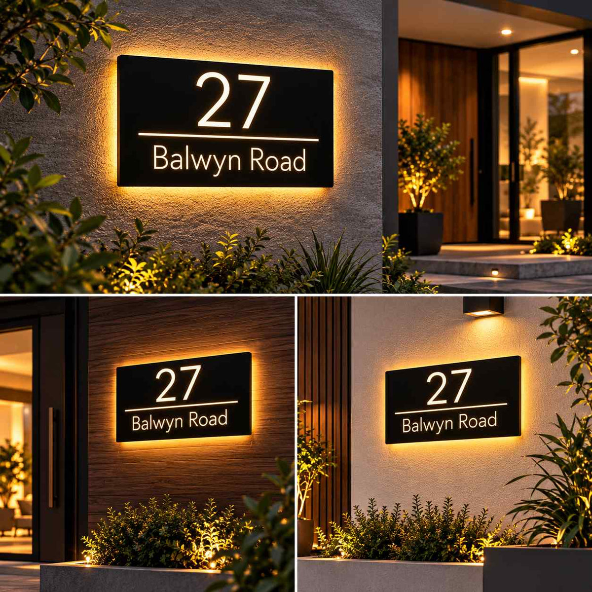 Custom LED House Number Sign with Illuminated Street Address and Modern Black Plaque