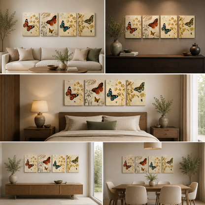 Vintage Butterfly Wall Art Set of 4 Panels | Classic Floral Canvas Painting | Acrylic UV Printed Wall Decor for Living Room Bedroom (12 x 18 Inches Each Part)
