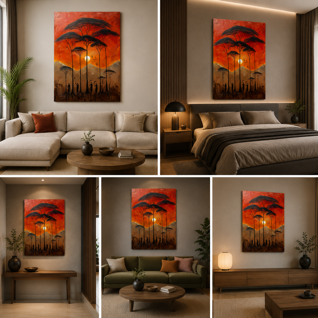 African Sunset Landscape Canvas Painting Frame – Tribal Silhouette Tree Canvas Wall Art Painting Frame for Living Room Wall Decor