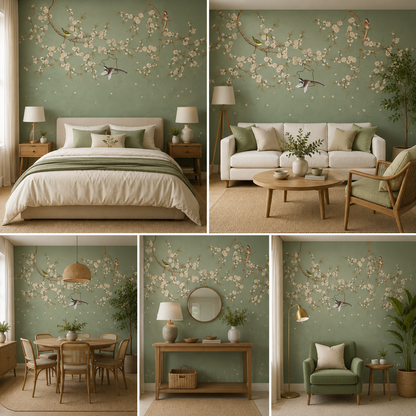 Chirping Birds on Floral Tree Self Adhesive Wallpaper