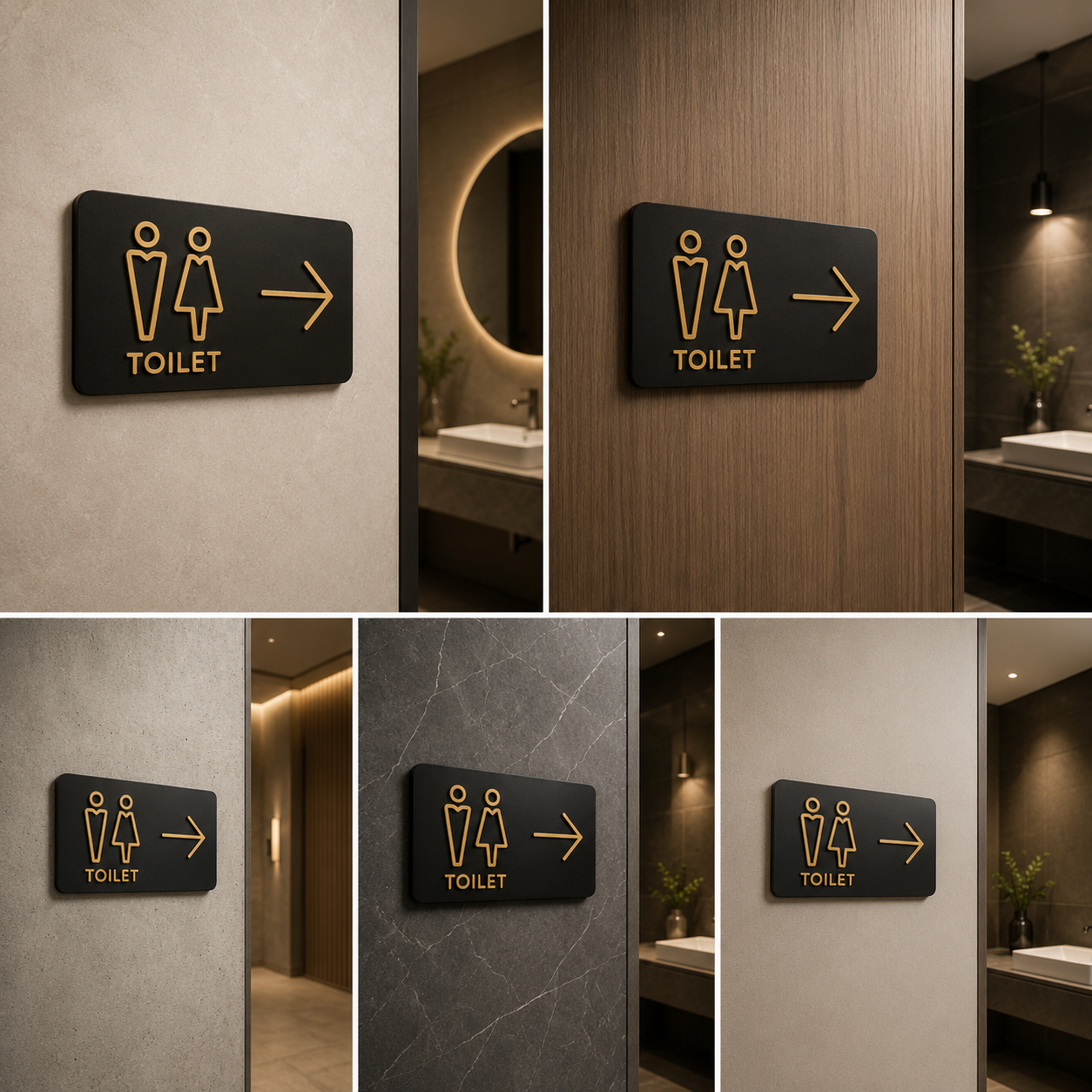 Modern Toilet Direction Sign with Arrow | Black & Gold Male Female Restroom Signage for Offices & Commercial Spaces