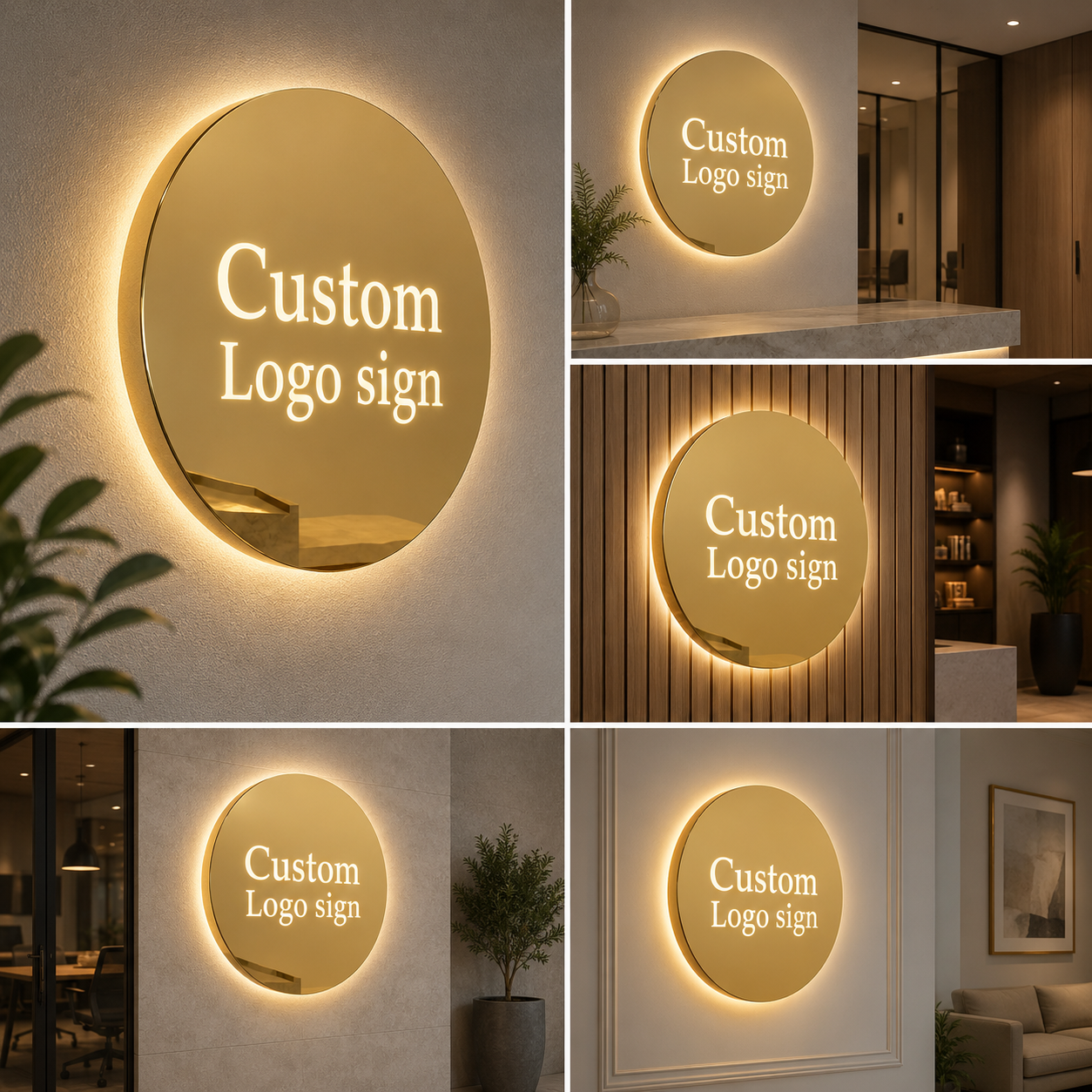 LED Gold Acrylic Circular Logo Sign Backlit Round Wall Sign with Custom Text for Salon Clinic and Office Branding