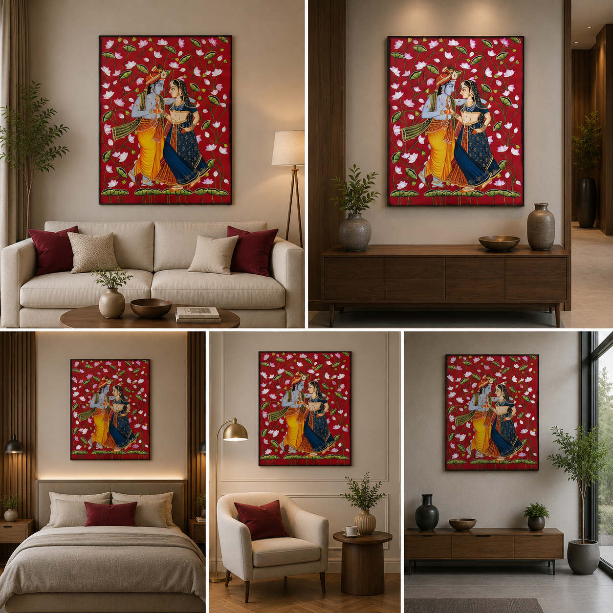 Radha Krishna Folk Art Canvas Painting Frame Red Theme Wall Decor for Living Room