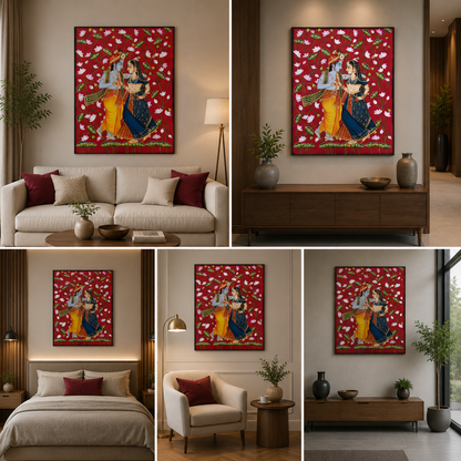 Radha Krishna Folk Art Canvas Painting Frame Red Theme Wall Decor for Living Room