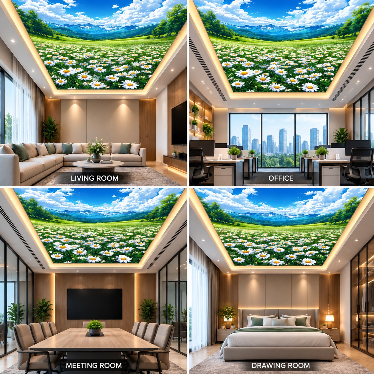 Daisy Meadow Mountain Sky Ceiling Panel for Modern Living Room False Ceiling Decor