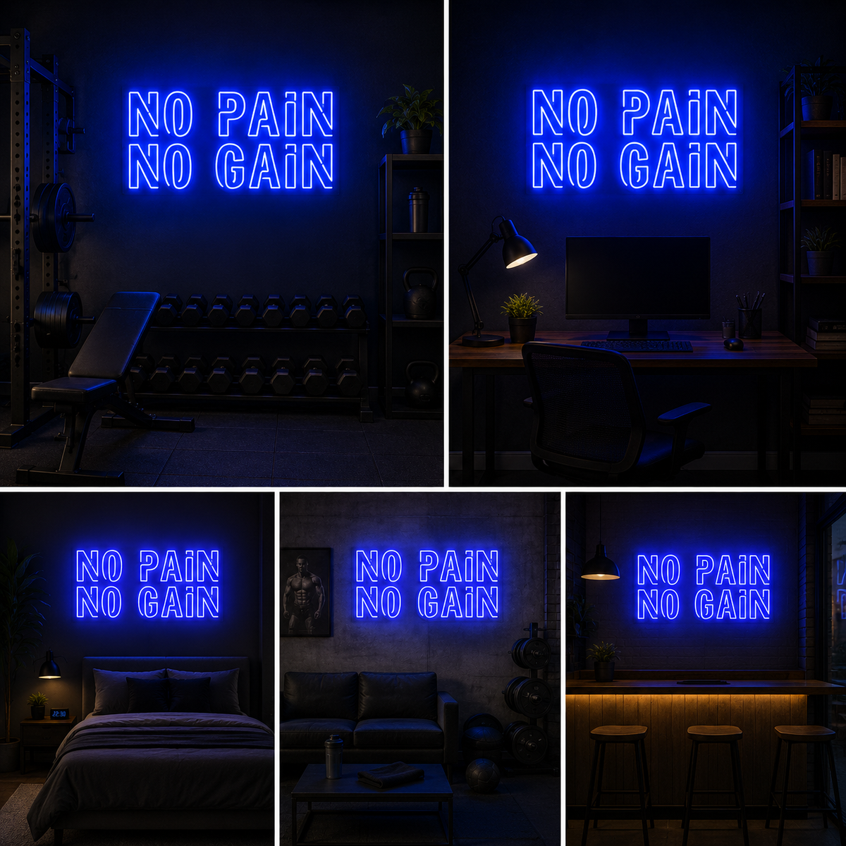 No Pain No Gain Blue Neon Sign for Gym, Workout Room, Home Fitness and Modern Decor