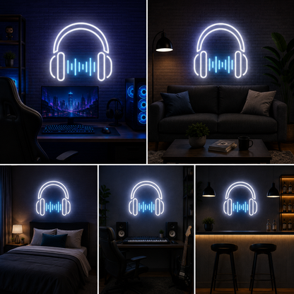 White Headphones Neon Sign with Blue Sound Wave for Music Room, Studio and Modern Decor