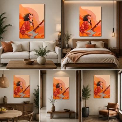 Modern Guitar Girl Canvas Painting Frame – Music Theme Abstract Canvas Wall Art Painting Frame for Living Room Wall Decor