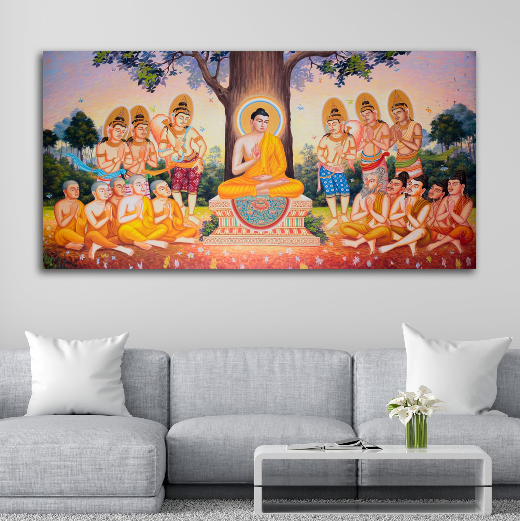 Lord Buddha Painting under Bodhi Tree with Disciples | Canvas Painting