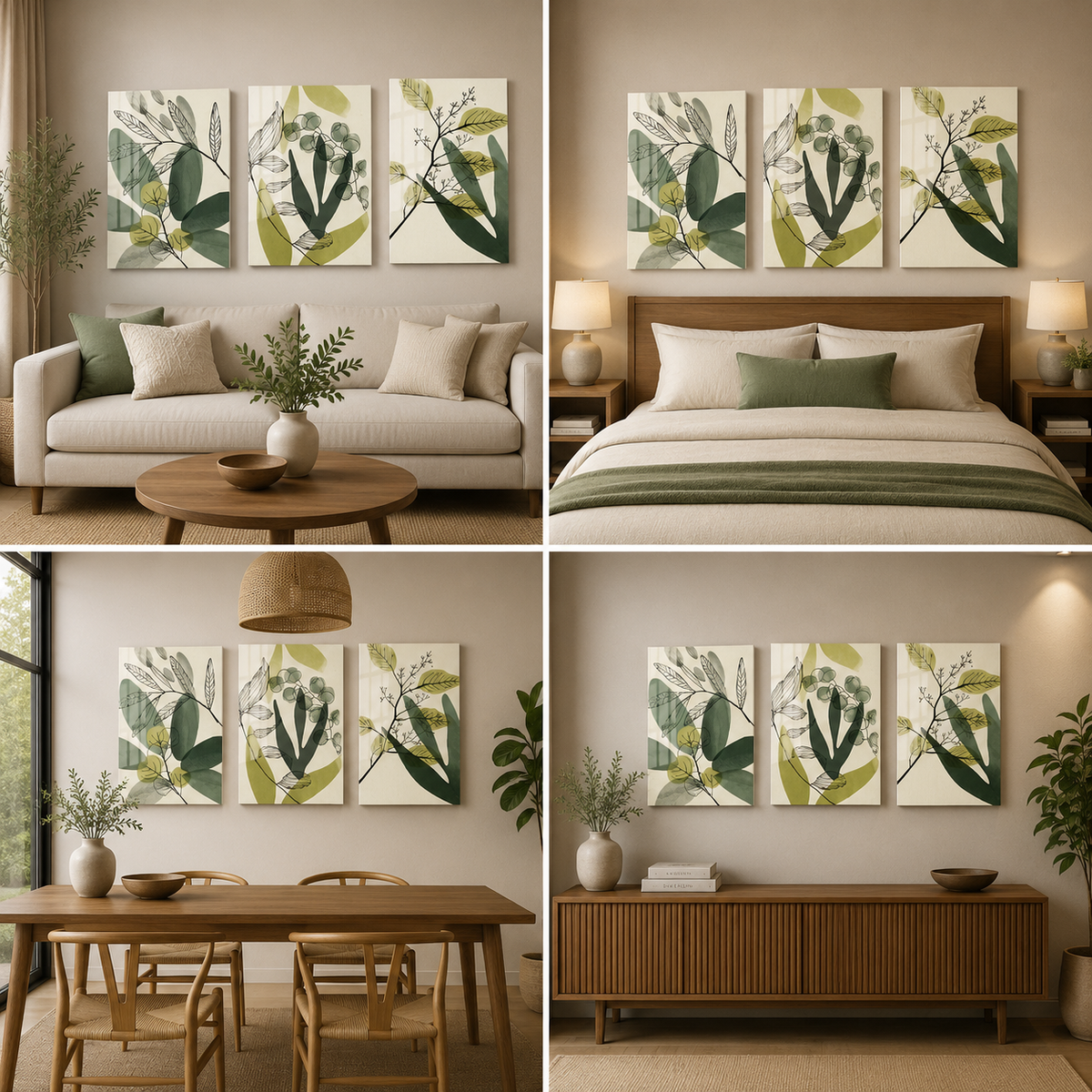 Green Botanical Abstract Canvas Wall Art Set of 3 for Modern Home and Office Wall Decor