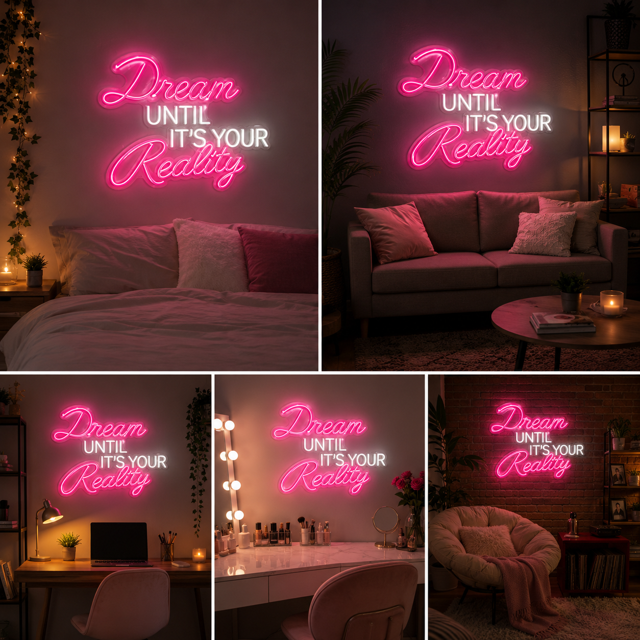 Dream Until It’s Your Reality Neon Sign Board | Pink LED Custom Neon Light Quote Sign for Bedroom & Aesthetic Wall Decor (24x24 In)