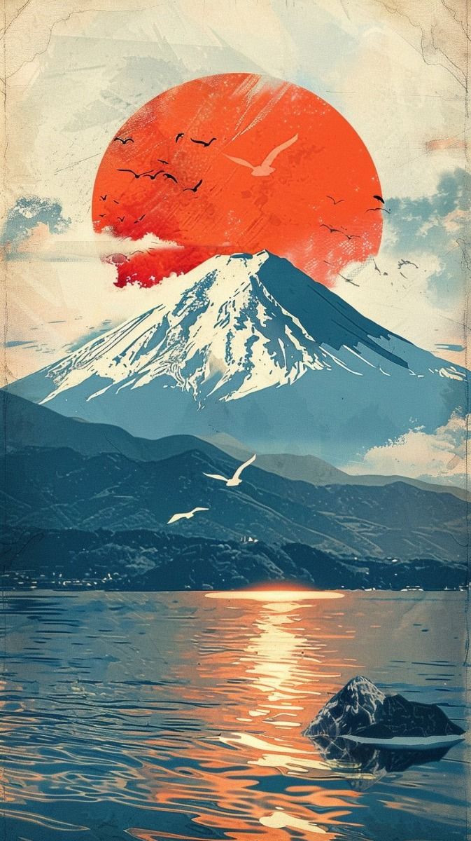 Japanese Mountain Ceiling Panel with Red Sun for Luxury Office False Ceiling Decor