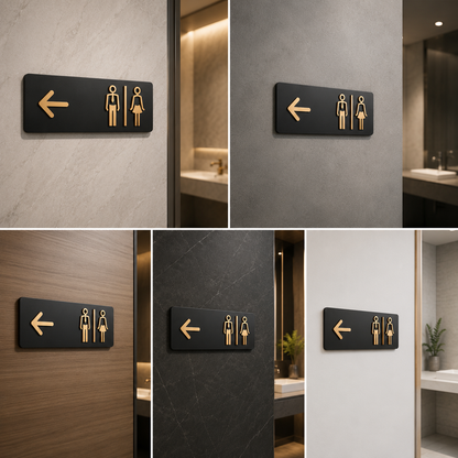 Left Arrow Restroom Sign Board | Black & Gold Men Women Toilet Direction Sign for Office & Commercial Spaces