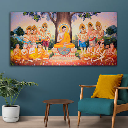 Lord Buddha Painting under Bodhi Tree with Disciples | Canvas Painting