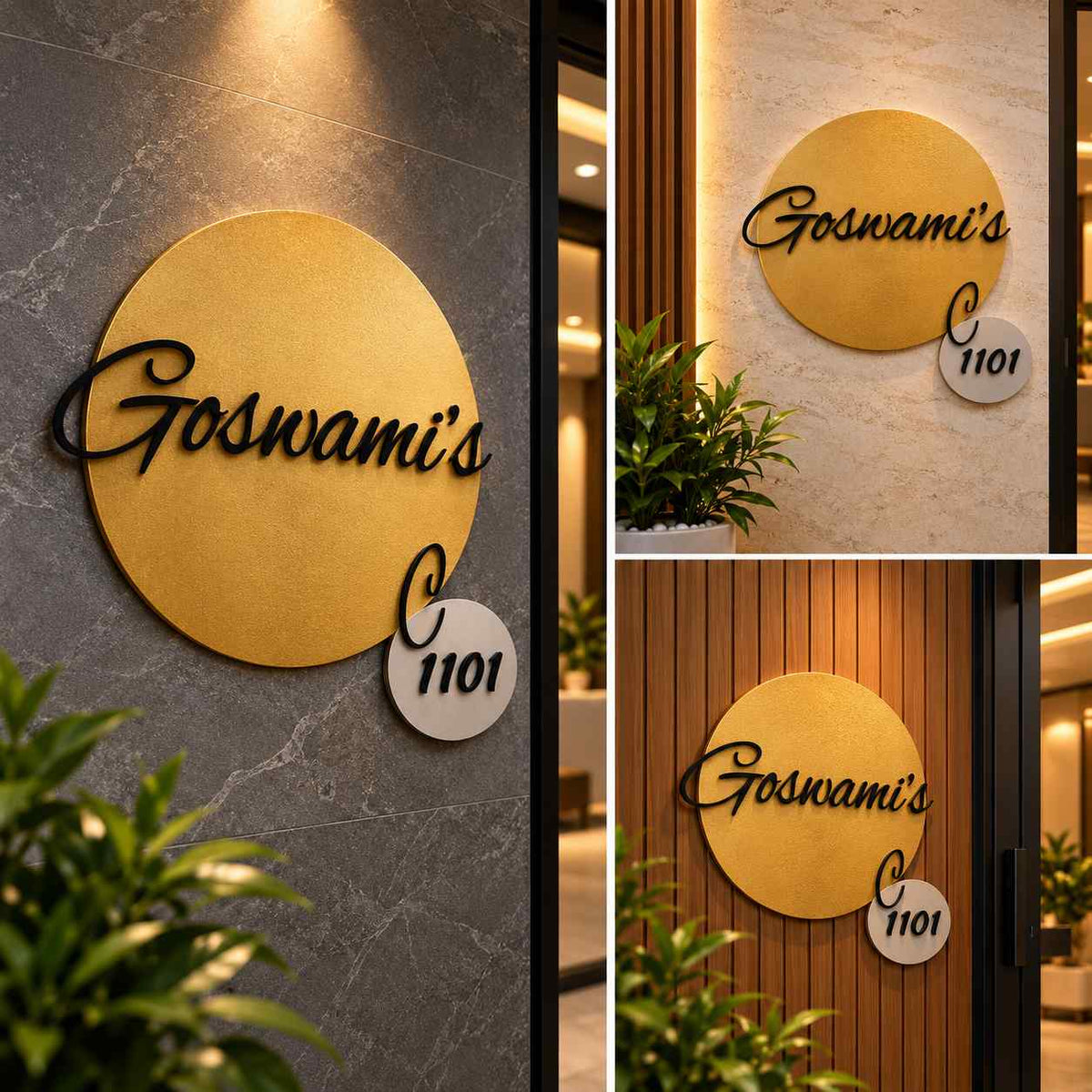 Personalized Round Gold Nameplate with Black 3D Script Letters and Custom House Number