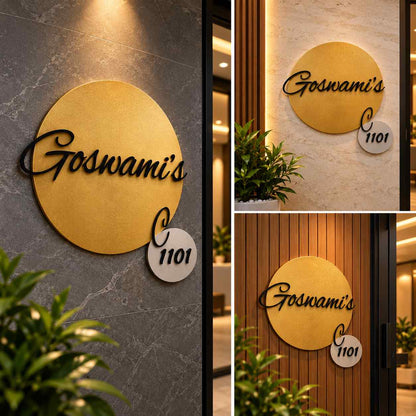 Personalized Round Gold Nameplate with Black 3D Script Letters and Custom House Number