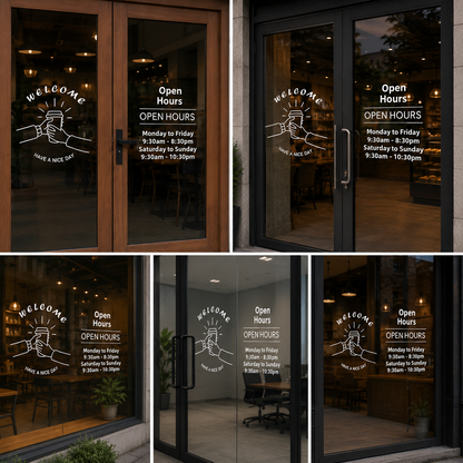 Welcome & Open Hours Vinyl Glass Sticker Combo for Cafe Door, Shop Entrance & Business Branding