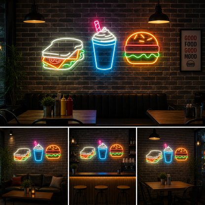 Fast Food Combo Neon Sign Board – Custom Neon Light Restaurant Wall Decor (36 By 20 Inches)