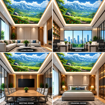 3D Alpine Mountain Valley Ceiling Design with Snowy Peaks, Meadow & Flowers