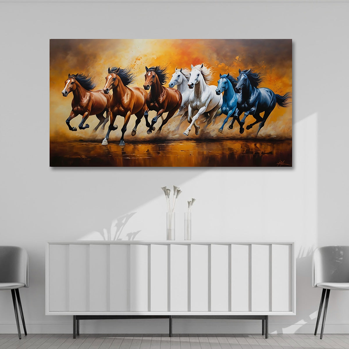 7 running horses dynamic canvas painting vastu wall art for living room and office decor