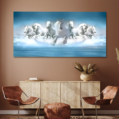 7 running white horses canvas painting large size wall art for living room office vastu decor