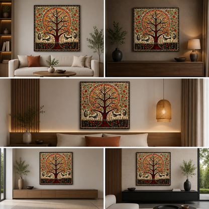 Tree of Life Madhubani Canvas Wall Art | Traditional Indian Folk Nature Painting for Home Decor