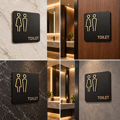 Modern Black and Gold Toilet Sign with Male Female Symbols for Restrooms (10 x 10 inches)