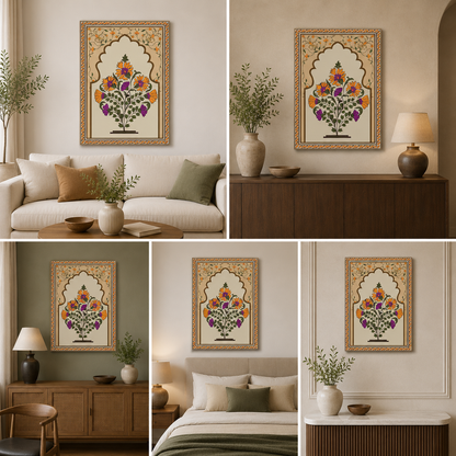 Floral Arch Canvas Wall Painting | Traditional Indian Botanical Artwork | Elegant Ethnic Wall Decor
