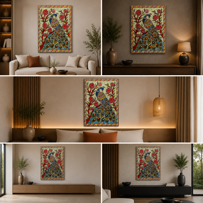 Madhubani Peacock Canvas Wall Art | Traditional Indian Folk Painting for Home Decor & Living Room